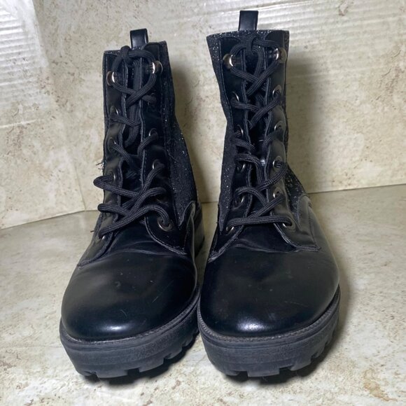 Black Combat Boots Size 8 Lug Sole  Leather & Glitter Fabric Blend Everyday Wear - Picture 2 of 8